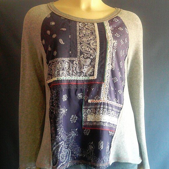 One September Anthropologie Bandana Patchwork Grey Knit Top Sm - Picture 3 of 11